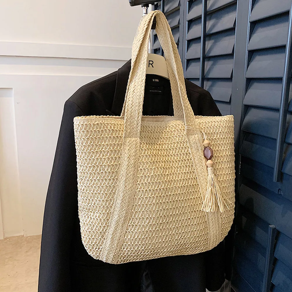 Bolsos con asa superior, bolsos tejidos a mano a la moda, bolsos de verano simples de gran capacidad con colgante de borla, bolso de compras