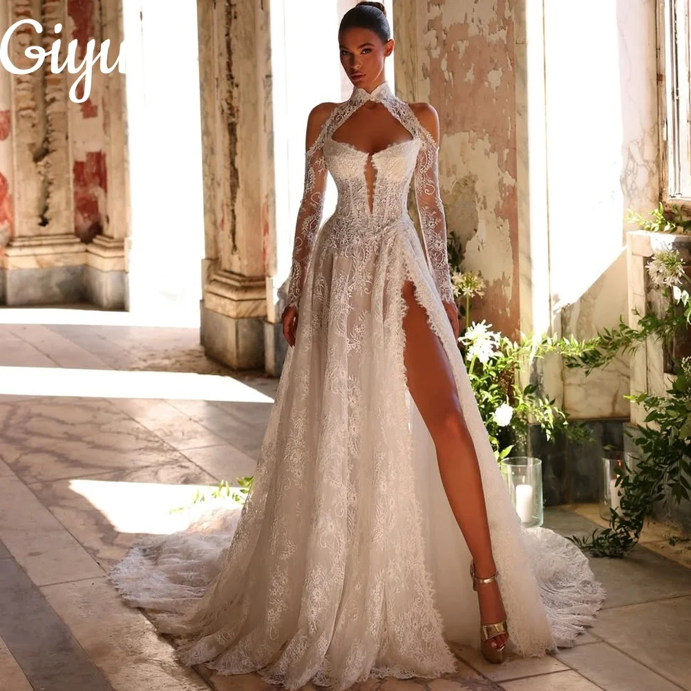 

Giyu Exquisite Halter A Line Lace Wedding Dress Off Shoulder Sweep Train Side High Slit Customized Bridal Gown vestidos de novia