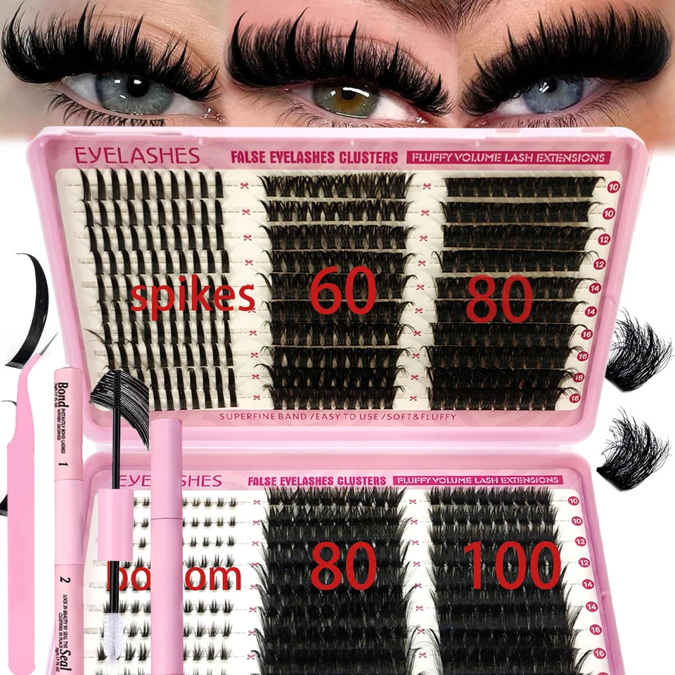 Kit de extensiones de pestañas DIY de 60 filas, clusters individuales, estilos mixtos 10-18mm con bond y seal, herramienta de maquillaje