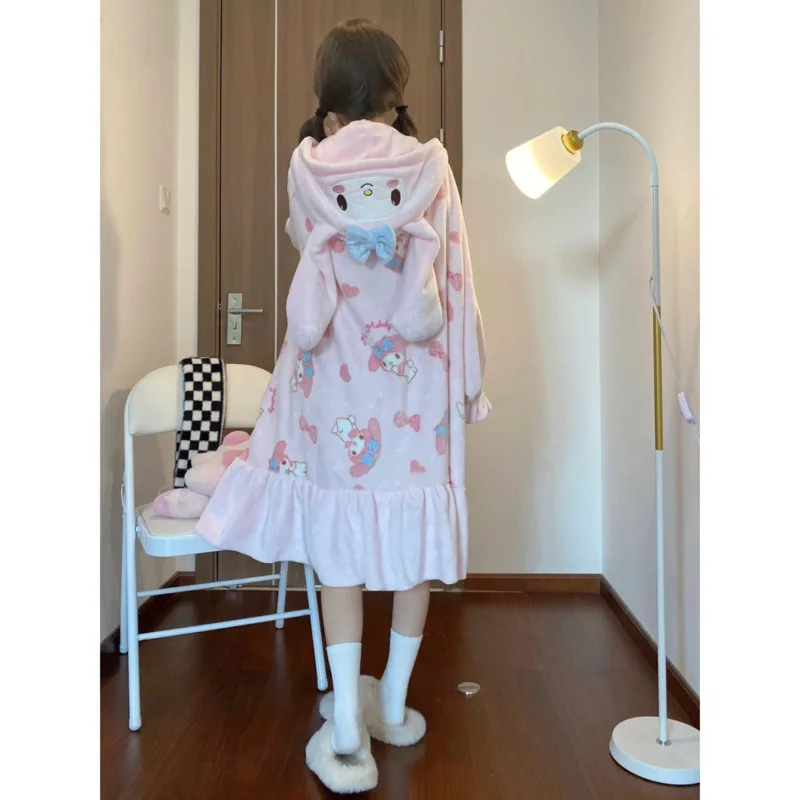 My Melody Women's Coral Velvet Sleepwear For Winter Sweet Cute Cartoon Thick Warm Hooded Sleeprobe Korean Style Home Night-robe