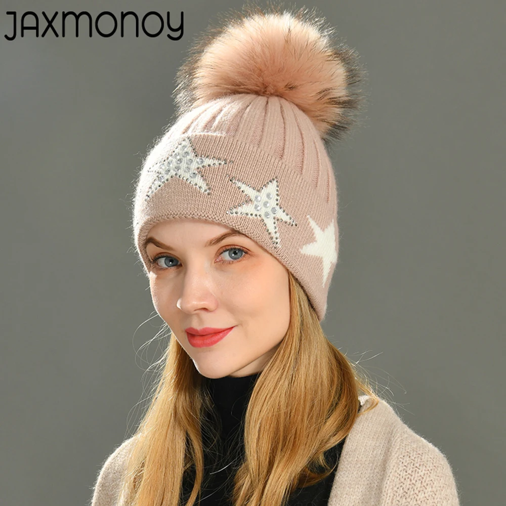 

Jaxmonoy Cashmere Knitted Beanie Hat Women Autumn Winter Warm Cap Ladies Rhinestones Star Skullies Bonnet With Real Raccoon Pom