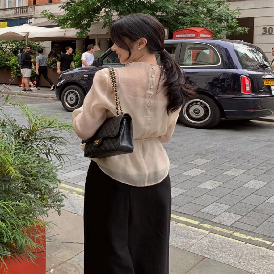 Ele f High Collar Long Sve irt Belted Slim Fit Two Piece Set Ba Button Design Korean Sle Women's Faion