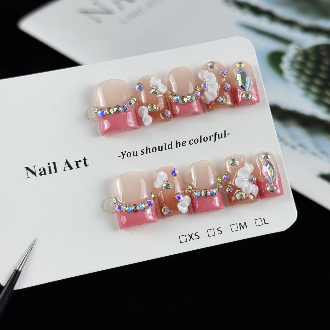 10pcs high-end Sweet girl style, hand-painted three-dimensional petals, dazzling sparkly diamonds handmade fake nails