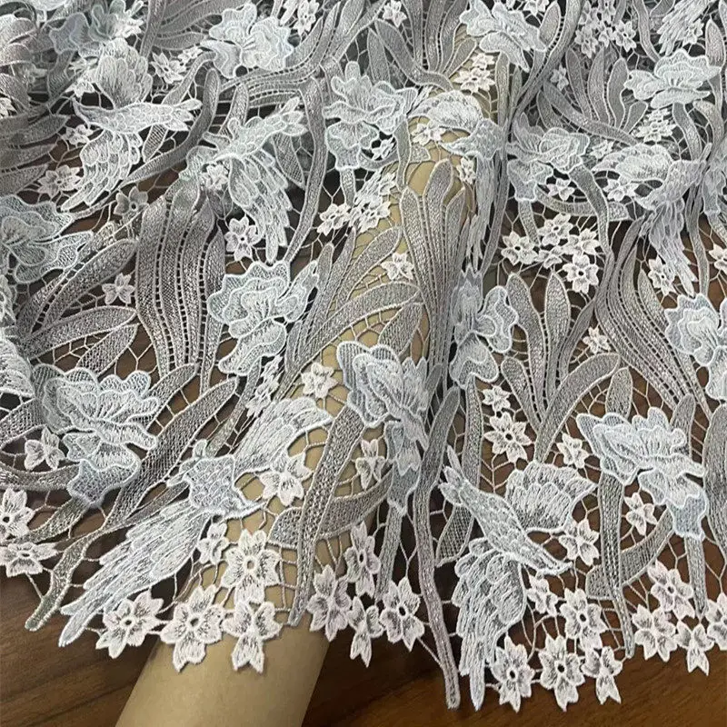 1meter Lace Fabric Gray White Patchwork Hollow Out Heavy Embroidery for Dress Skirt Evening Gown Qipao DIY Sewing Accessories