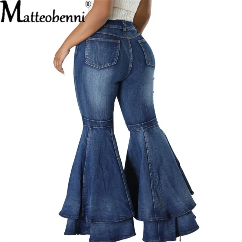 جينز نسائي متنوع غير رسمي شكل متوهج كبير بنطلون جينز نسائي ضيق واسع الساق أزرق مغسول من قماش الدنيم بنطلون قطني متمدد