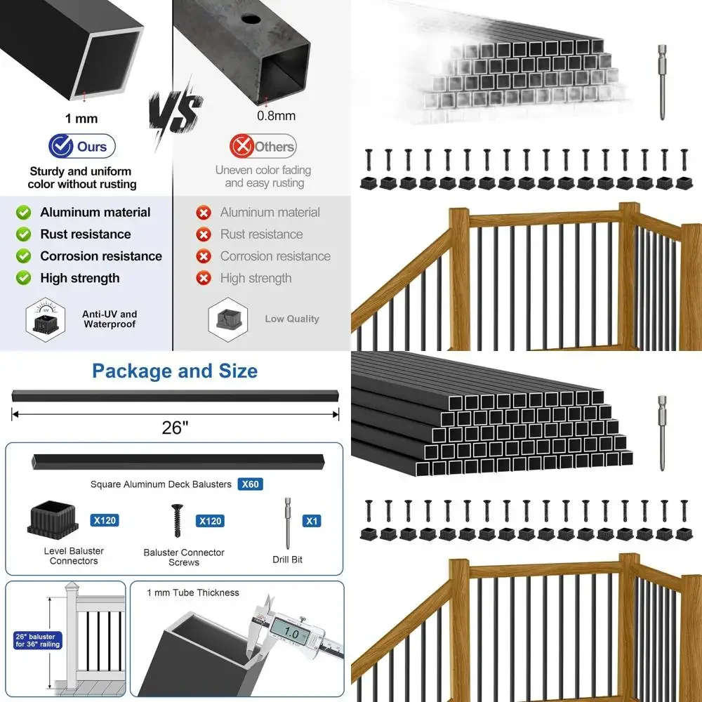 

26 Square Hollow Metal Deck Balusters, 3/4 Black Spindles, UV-Resistant for Porch Railing Systems