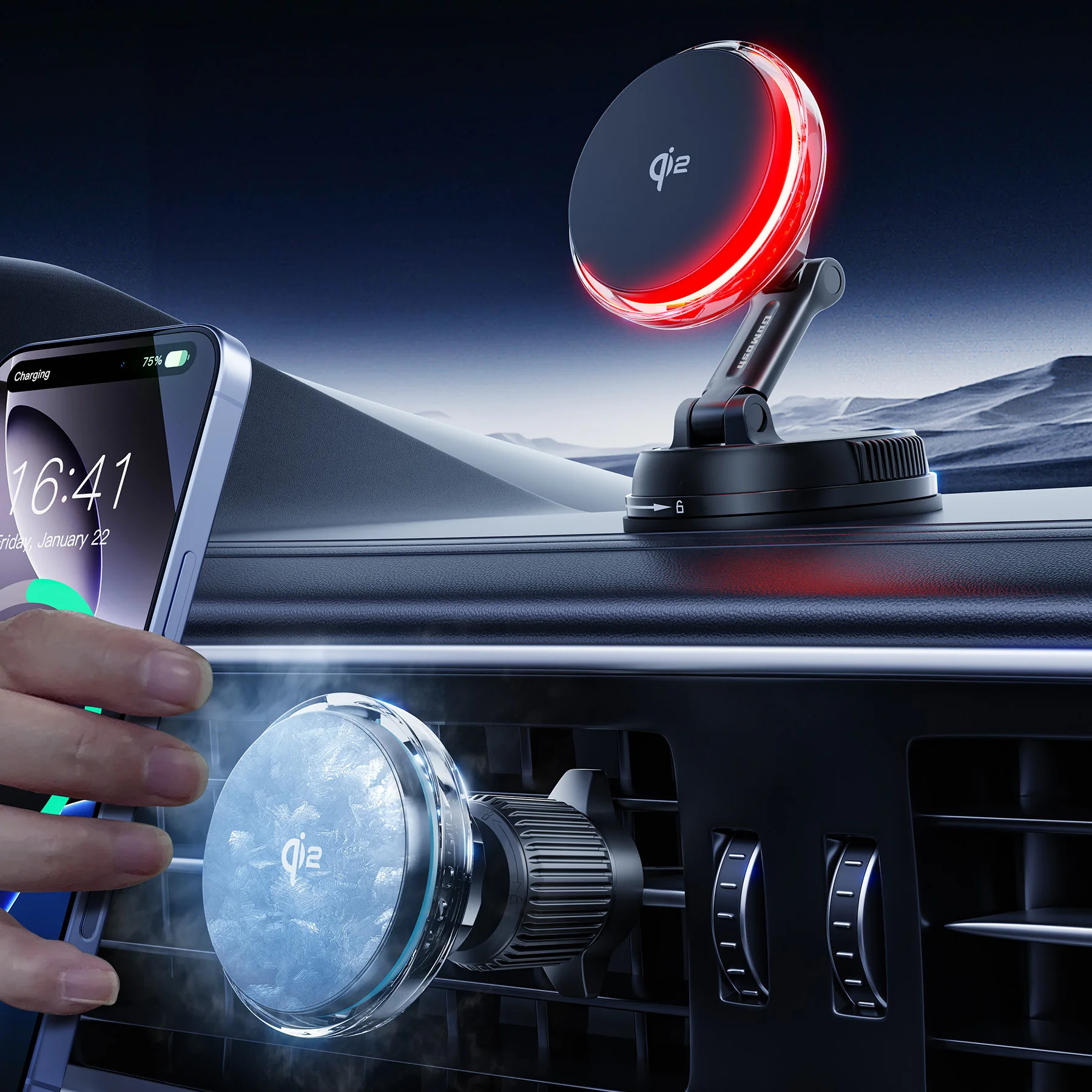 

QI2 охлаждающее магнитное беспроводное автомобильное зарядное устройство RGB, быстрая зарядка, радиатор, вакуумная присоска для Magsafe iPhone 12-17, держатель для телефона