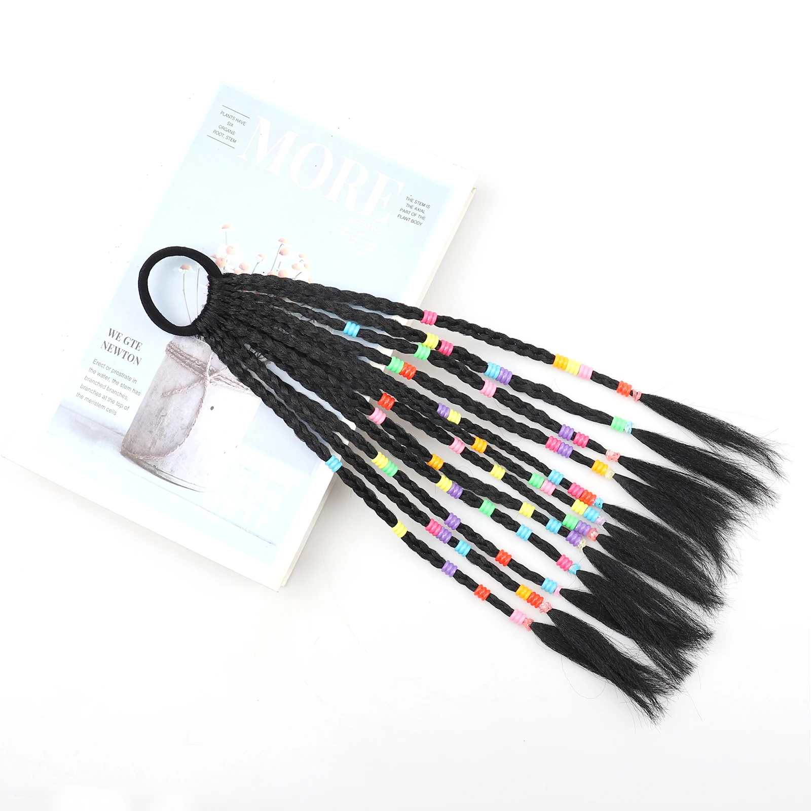 Ekstensi Rambut Gimbal Ekor Kuda Pendek Sintetis Dihiasi Manik-manik Warna-warni untuk Anak Perempuan Aksesori Rambut Kepang Bergaya