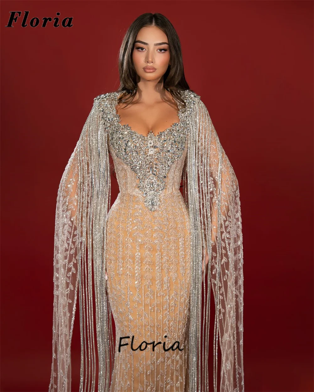 Sparkly beading vestidos de noite com capa mangas compridas borla vestido de baile feminino champanhe sereia vestidos de festa de casamento personalizado