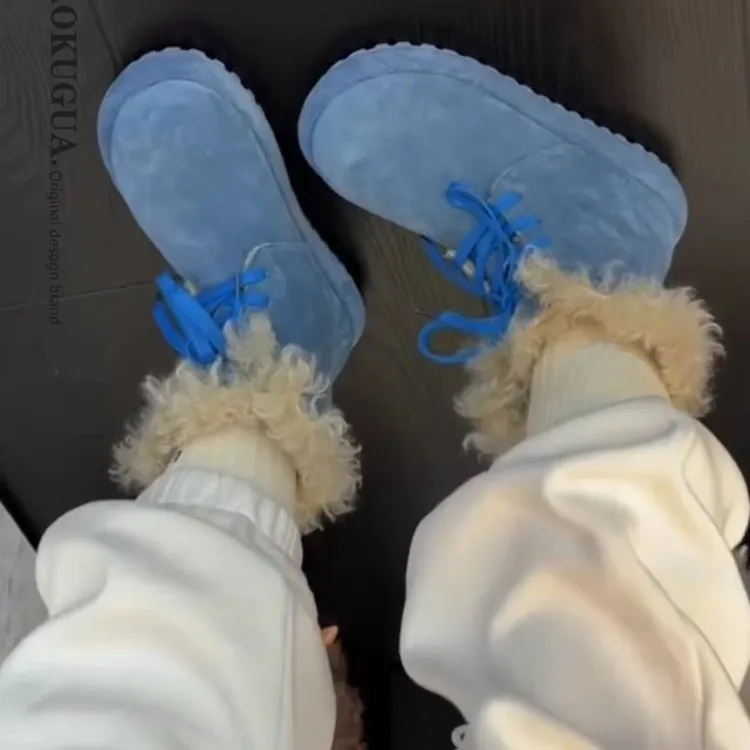 Dopamine Blue Thick-Soled Snow Boots for Women, Winter Extra-Padded Suede Furry Stylish Short Boots