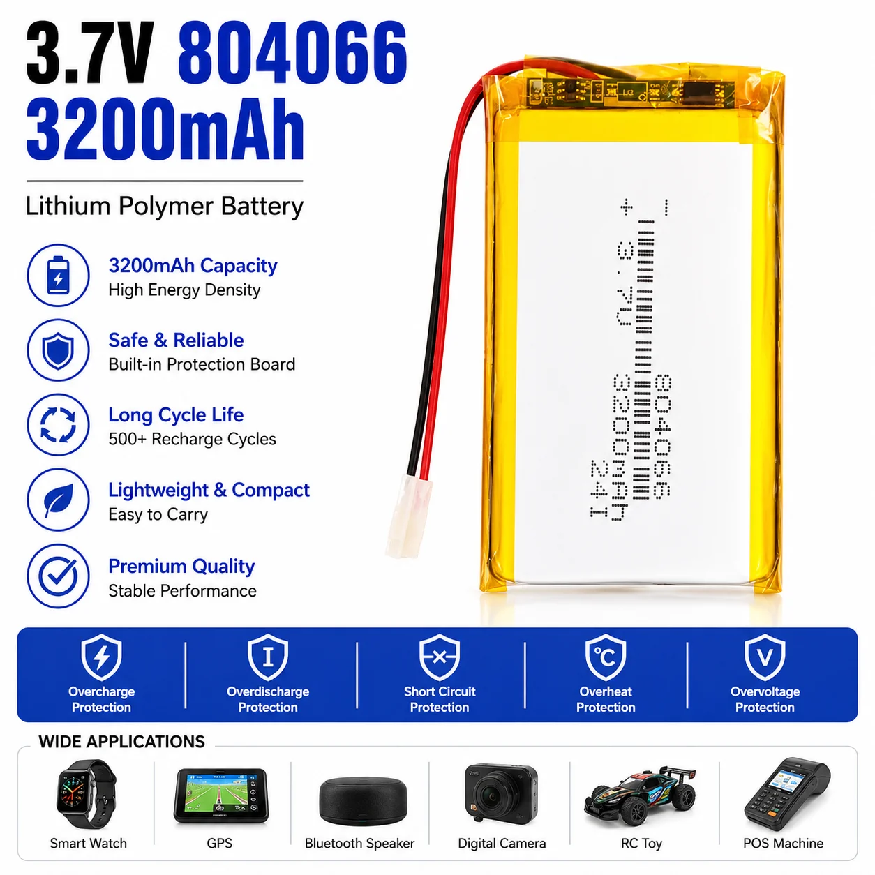 804066 3,7V 3200mAh LiPo-Akku Lithium-Polymer-Ersatzakku für Tablet, Powerbank, Bluetooth-Lautsprecher