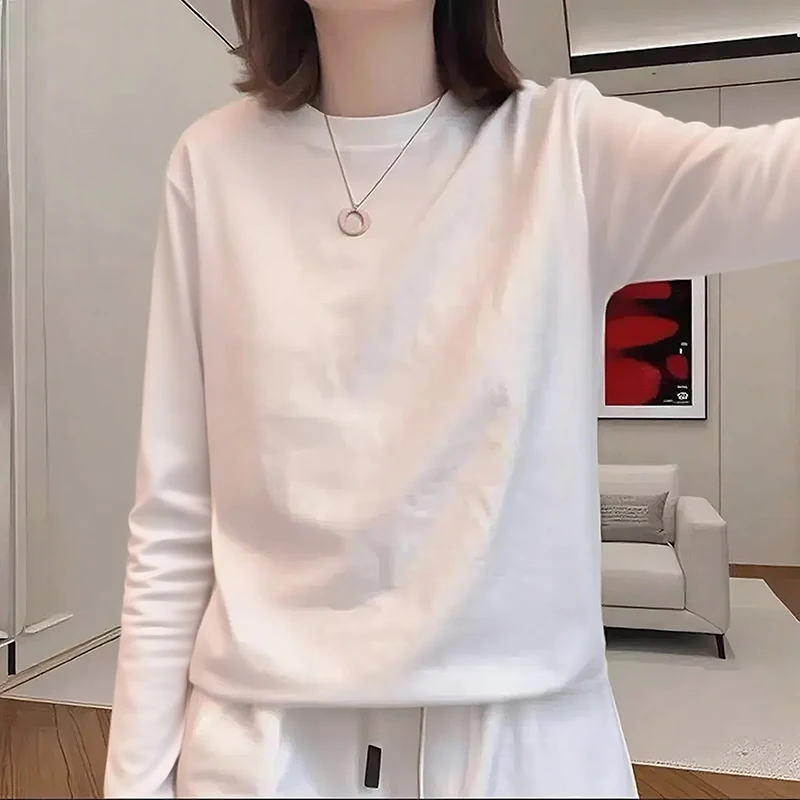 

Early Autumn White Long Sve Loose Women's T-irt Simple Basic Sle Underwear Base irt Commuting Outfit Casual Faion