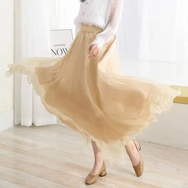 

2022 Summer A-Line White Long Skirt High Waist Boho Women Solid Color Elegant Khaki Long Skirt Femme Faldas Jupe Saia