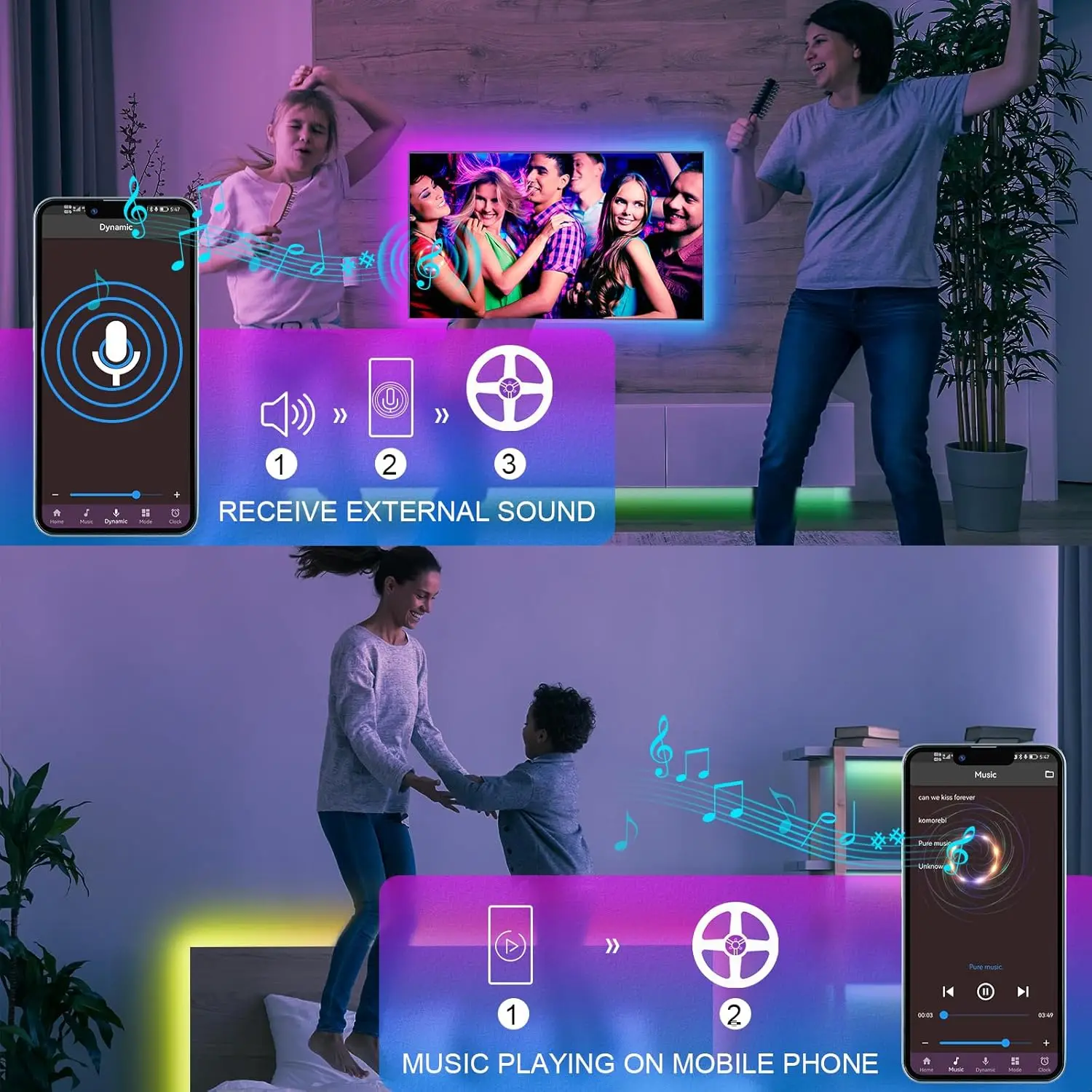 Bande Lumineuse LED Imperméable Conforme à la Norme IP65, Éclairage d'Extérieur, Dimension de la Musique, RVB, 400 Pieds