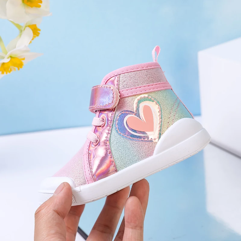 2024 Kids Canvas Shoes Autumn Spring Girls love Rainbow High-top Shoes Children Cute Princess shoes Kids Glitter Walking Shoes