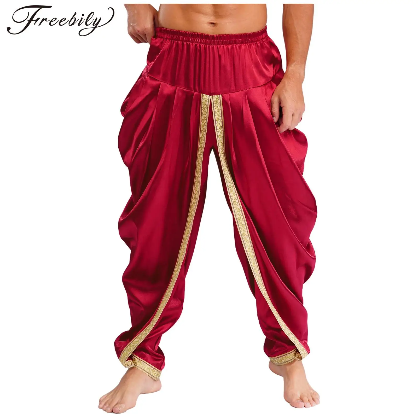 

Мужской арабский костюм, атласные брюки Dhoti, повседневные эластичные пояса, драпированные мешковатые брюки для Хэллоуина, египетский фараон, косплей