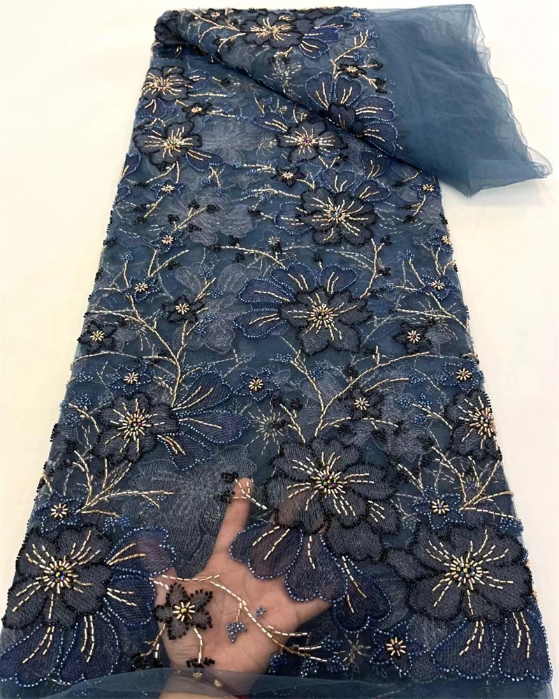 Tela de encaje de tul francés con cuentas africanas, lentejuelas nigerianas de alta calidad con encaje de perlas para costura de vestidos de fiesta, 2025