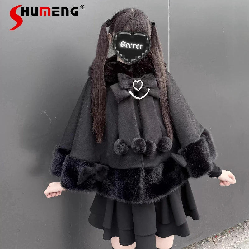 

Subculture Mass-Produced Mine Black Hooded Cloak Winter New Girls Sweet Cool Cute Bow Short Jacket Y2K Plush Thickened Ponchos