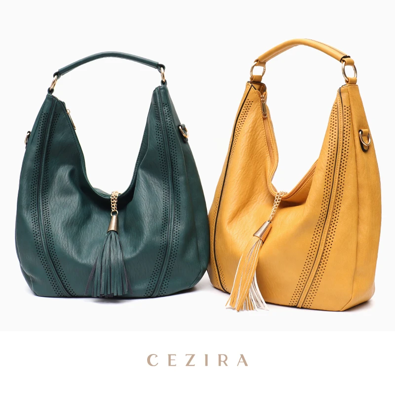 CEZIRA Tassel String Flap Hobo Over Shoulder Tote Bag Ladies Large Casual Fashion Vegan Leather Single Handle Crossbody Handbag