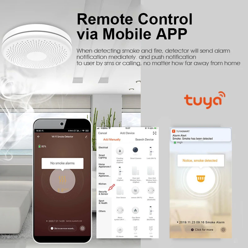 Tuya Smart WiFi Fire Detector Smoke Alarm Sensor Smoke & Carbon Monoxide Composite Home Remote Alarm Without Battery