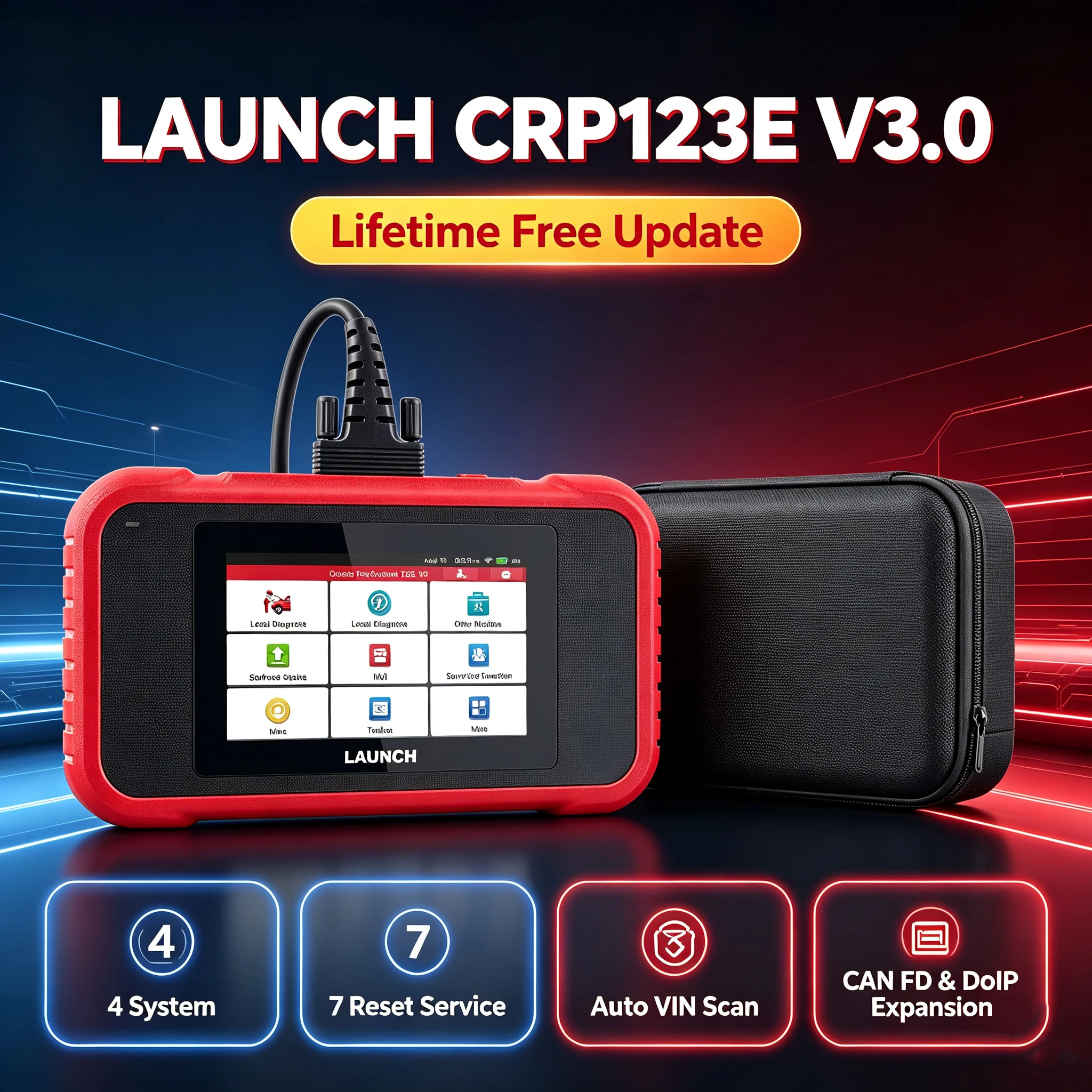 Lebenslange kostenlose Updates LAUNCH X431 CRP123E V3.0 OBD2-Scanner, Diagnosewerkzeuge für Motor, ABS, SRS und Getriebesystem, 7 Reset-Funktionen, Auto-VIN-Scan, FCA AutoAuth & Auto-VIN, CANFD DoIP
