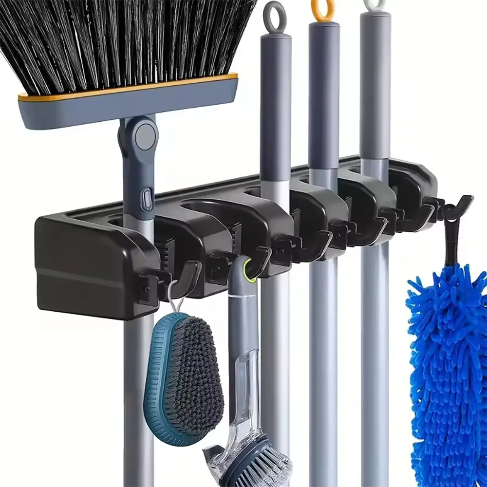 Wandmontierter Mopphalter, 3/4/5 Positionen, multifunktionaler Besenaufhänger, Regal, Zuhause, Küche, Aufbewahrung, Black Magic, Kunststoff-Mopphalter
