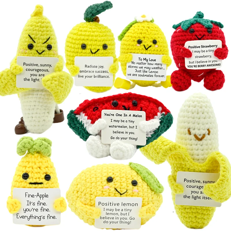 Muñeco de ganchillo hecho a mano de la serie Veggie&Fruit, con forma de limón y plátano, con tarjeta de motivación, mini decoración de escritorio, regalo.