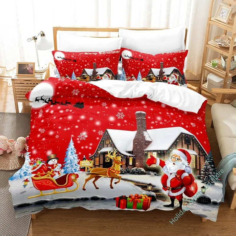 

Red Christmas Quilt Cover Santa Snowman Double King Bedding Set Microfiber 2/3 Piece Cartoon Quilt Cover with Pillowcase