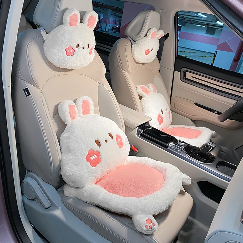 2023 New Cartoon Cute Rabbit Plush Four Seasons Universal Soft Seat Cushion Lumbar Support Car Headrest Neck Pillow Car Kits