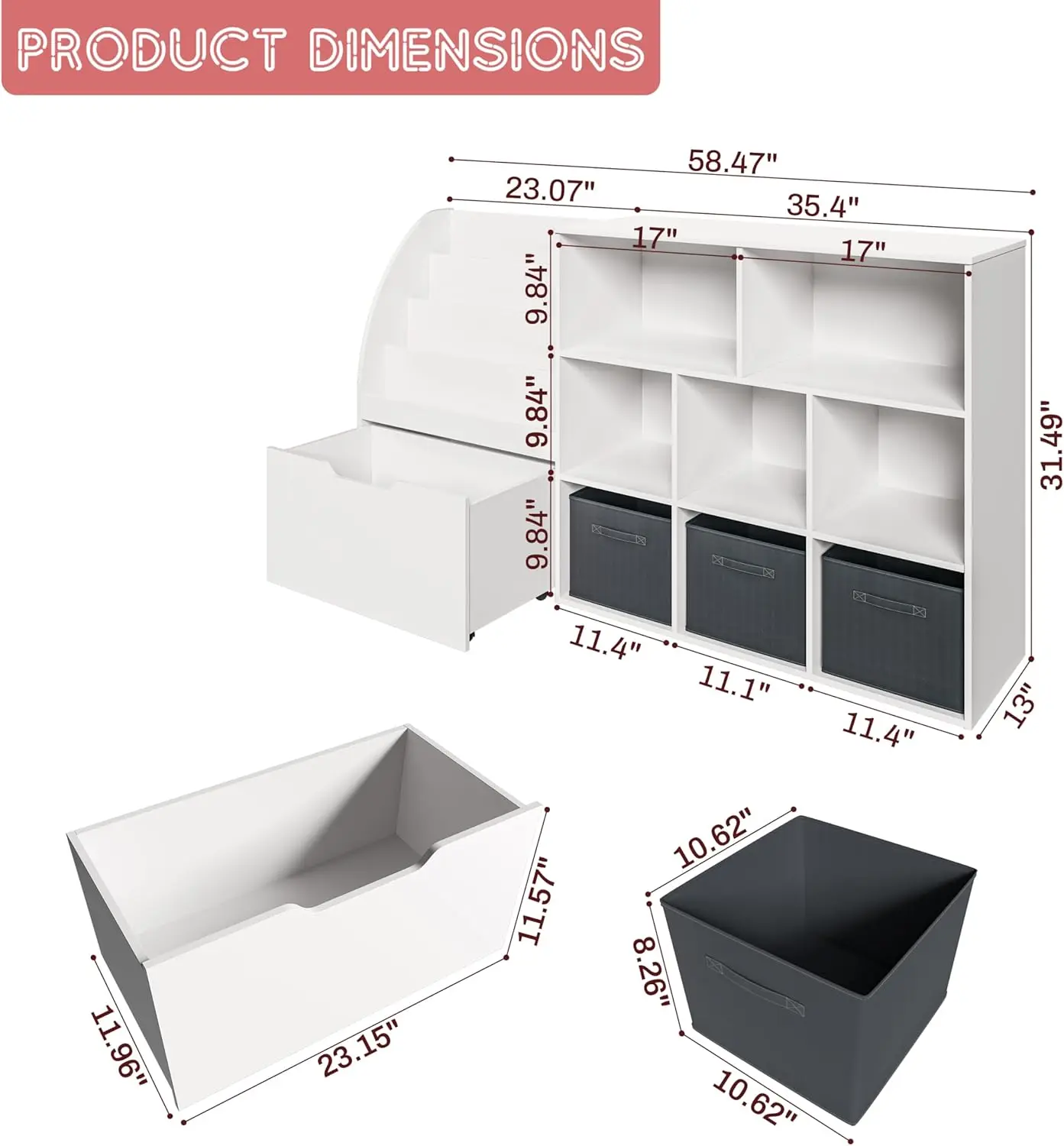 رف كتب للأطفال مع أدراج متحركة و3 صناديق، أبيض