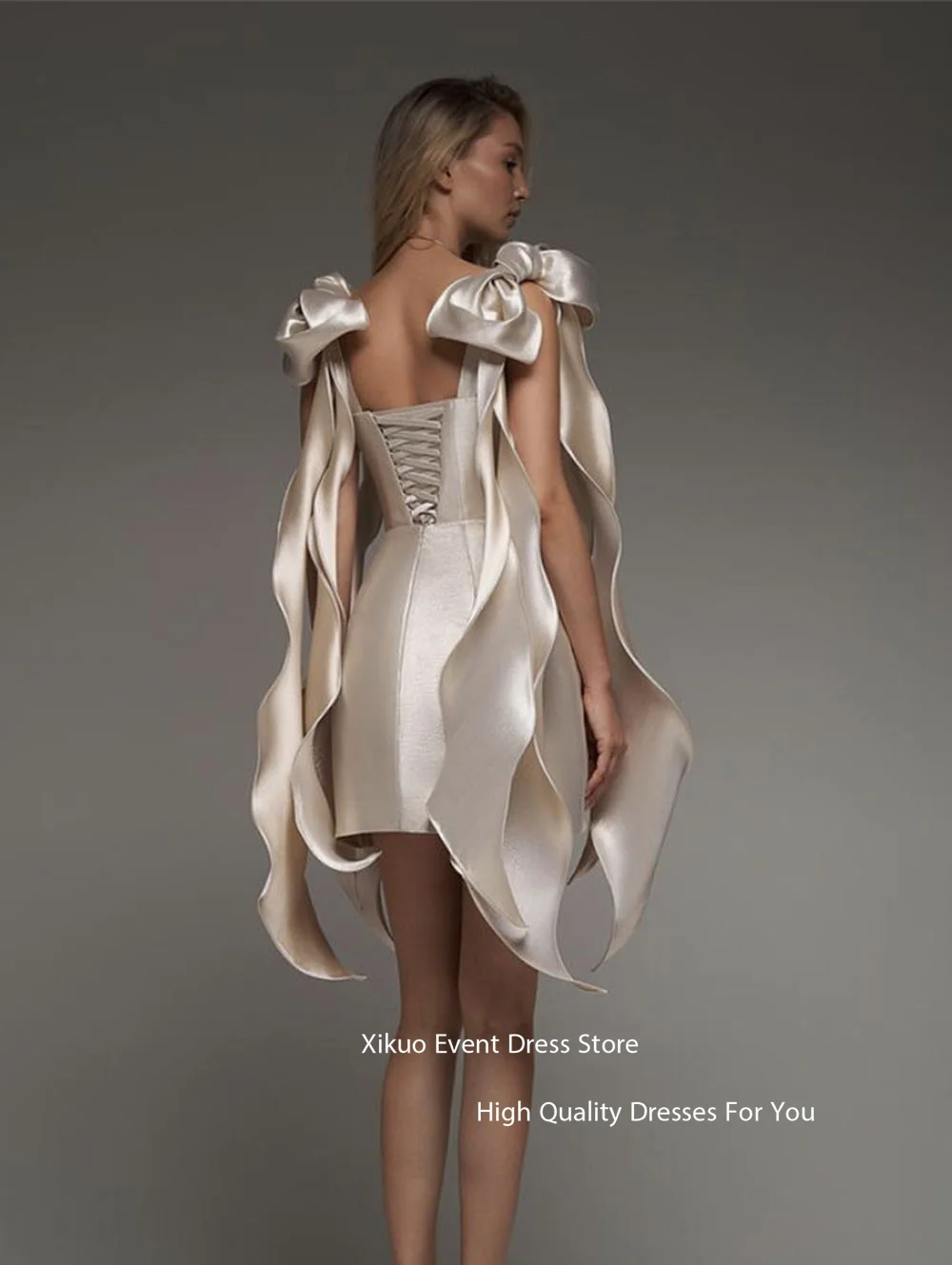 Xikuo elegante cetim vestidos de baile mini champanhe fora shouder arco vestido de festa cocktail formatura vestidos de dança matric personalizado