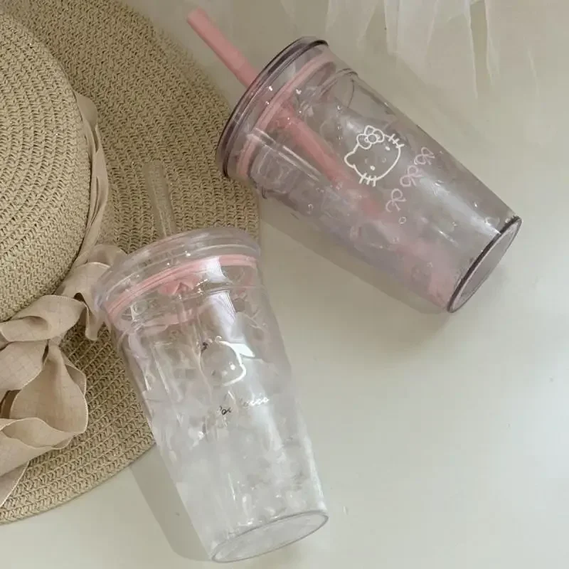 Anime Hello Kitty Pink Straw Cup KT Cat Large-Capacity Transparent Plastic Water Cup Kawaii Plastic Portable Cup Christmas Gifts view 6
