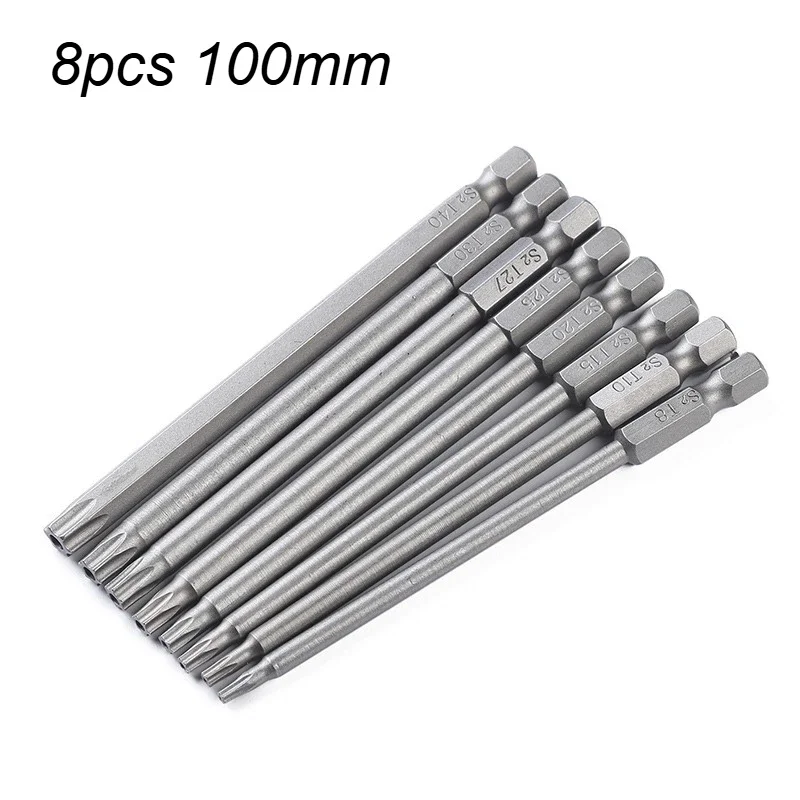 8Pc Star Screwdriver Bit 1/4'' Shank Hex Wind Drill Head 150mm 200mm Screw Wrench Magnetic Star T8 T10 T15 T20 T25 T27 T30 T40