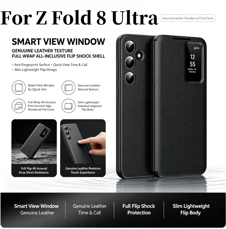 For Samsung Galaxy Z Fold 8 Ultra Z Fold 7 6 5 4 3 Original PU Leather Card Pocke Flip Smart Display Window Sle Anti-dorp Cover