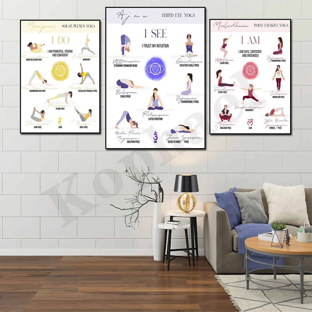 Seven Yoga Poses Chakra Poster. Self Love Yoga. Yoga Cheat Sheet. Yoga for Emotional Healing and Creativity. Home Wall Decor