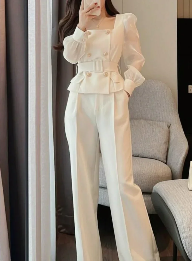 Women\'s 2 Pant Set White Two Pieces Sets Pants for Woman Wide Leg Party Trousers Suits Blazer and Outfits Classy Clothes