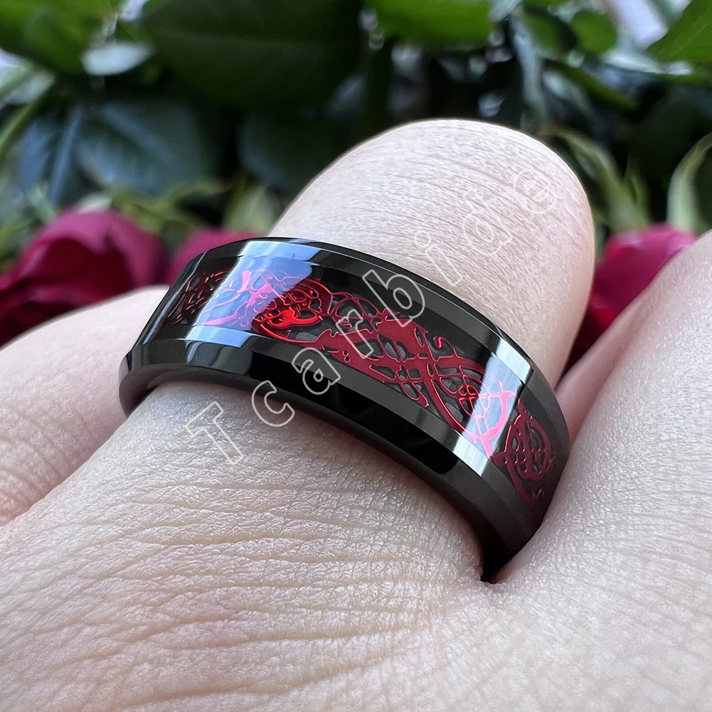 8MM Black Mens Womens Tungsten Carbide Engagement Wedding Ring With Red Opal Dragon Inlay Superior Gift Jewelry Comfort Fit