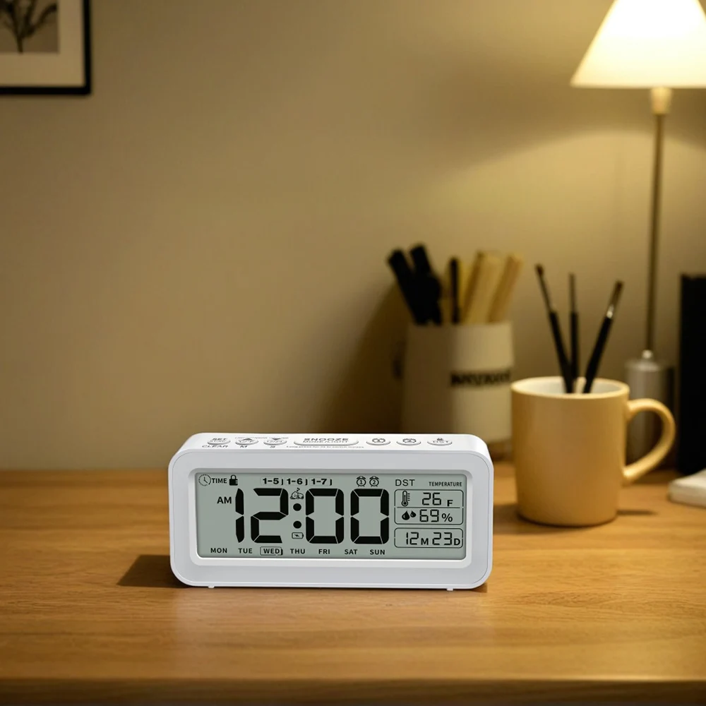 Digitaler Wecker mit Temperatur- und Luftfeuchtigkeits-Countdown, LCD-Kalender, Wochentagsanzeige, batteriebetrieben, für die Dekoration zu Hause und im Büro