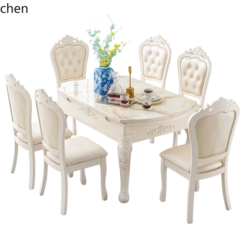 

DSA European dining table and chair combination solid wood retractable dining table multi-functional folding marble round table