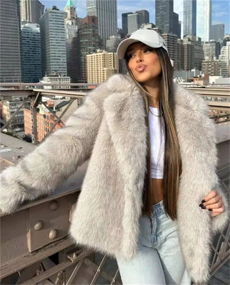 Guobioziy Women's Coat 2026 Winter New Style Fashionable Premium Solid Color Turn-Down Collar Eco-Friendly Faux Fur Effect Coat