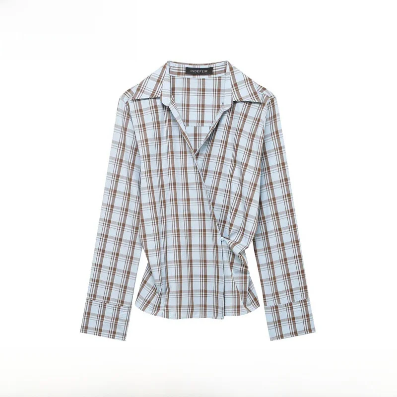 

Fashionable Plaid Shantung Shirt Women's Slim Fit Long Sleeve Commute Style Double Front New Autumn Winter Polyester Fiber