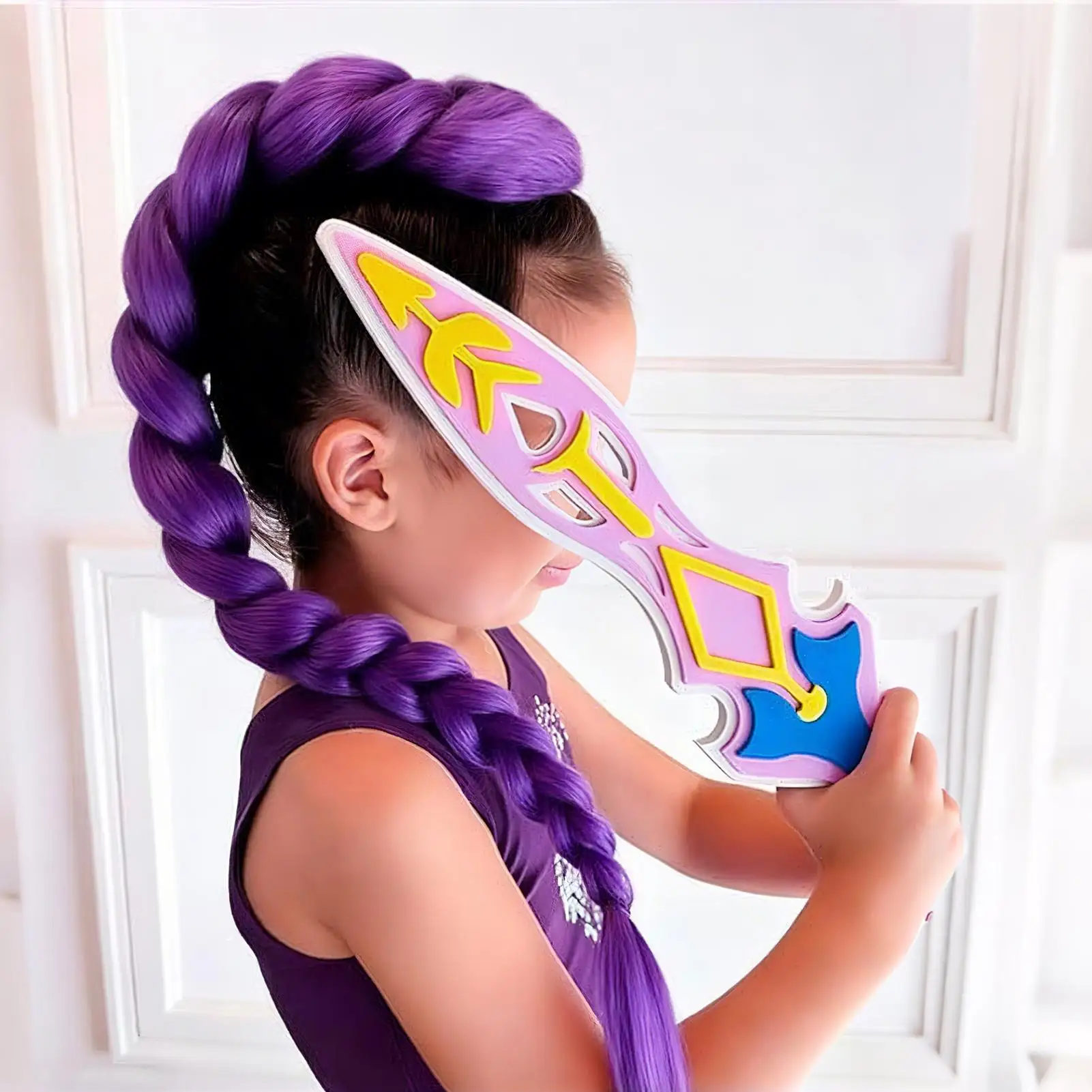 Costume Hairstyle 60cm Long Ponytail Wig with Clips Synthetic Braided Purple Hair for Kids Girls