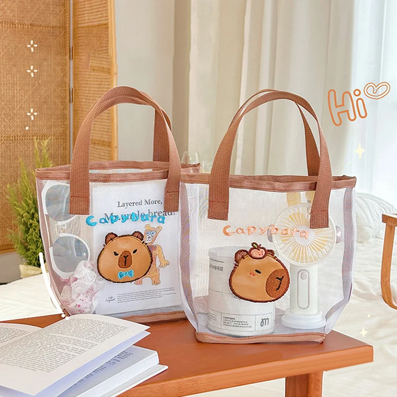 Capybara Cartoon Shopping Bag Mesh Beach Tote Bags trasparenti borse per cosmetici articoli da toeletta per donna