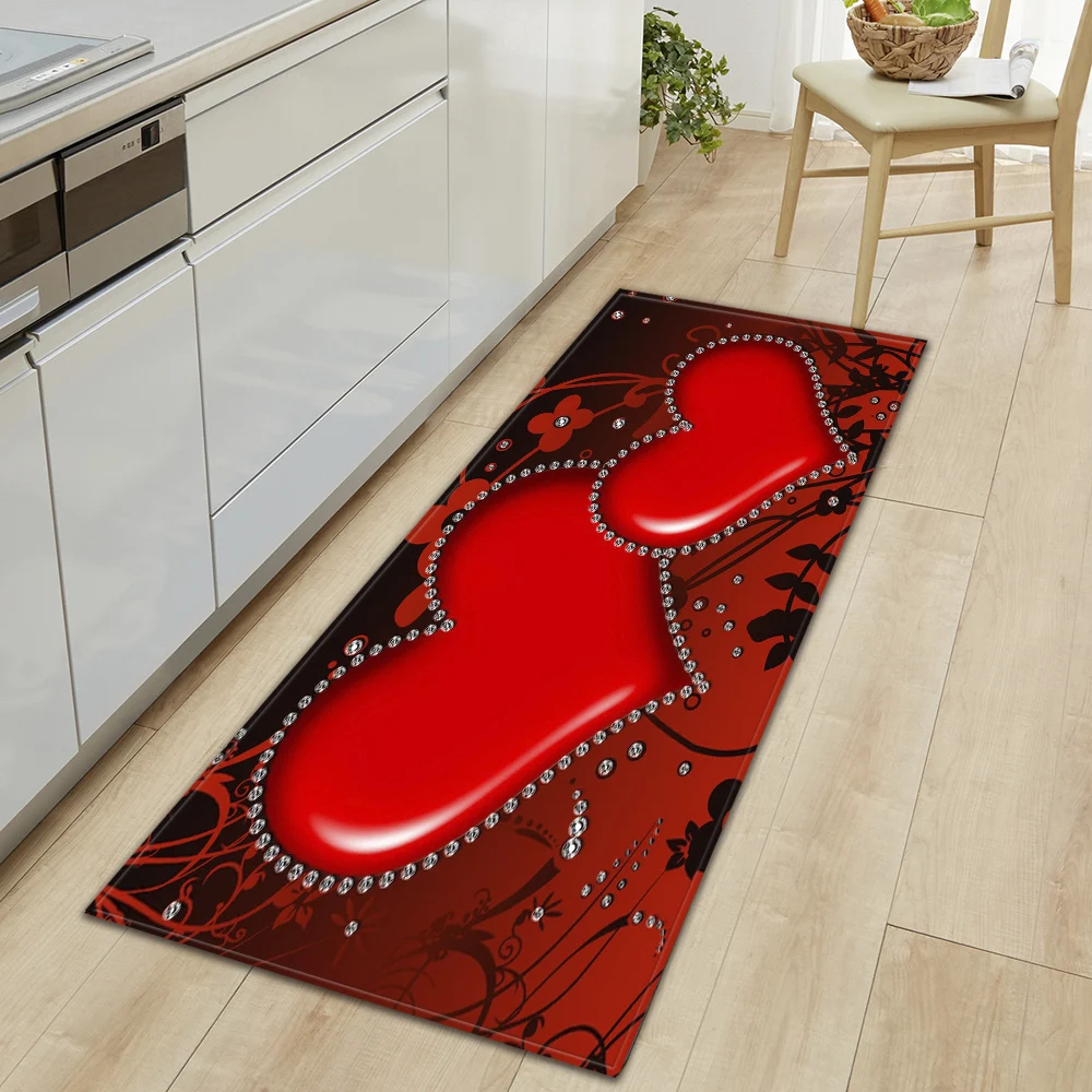 

Valentine's Day Kitchen Rug Living Room Bedroom Floor Decor Carpet Home Hallway Doormat Entrance Door Bathroom Non-Slip Foot Mat