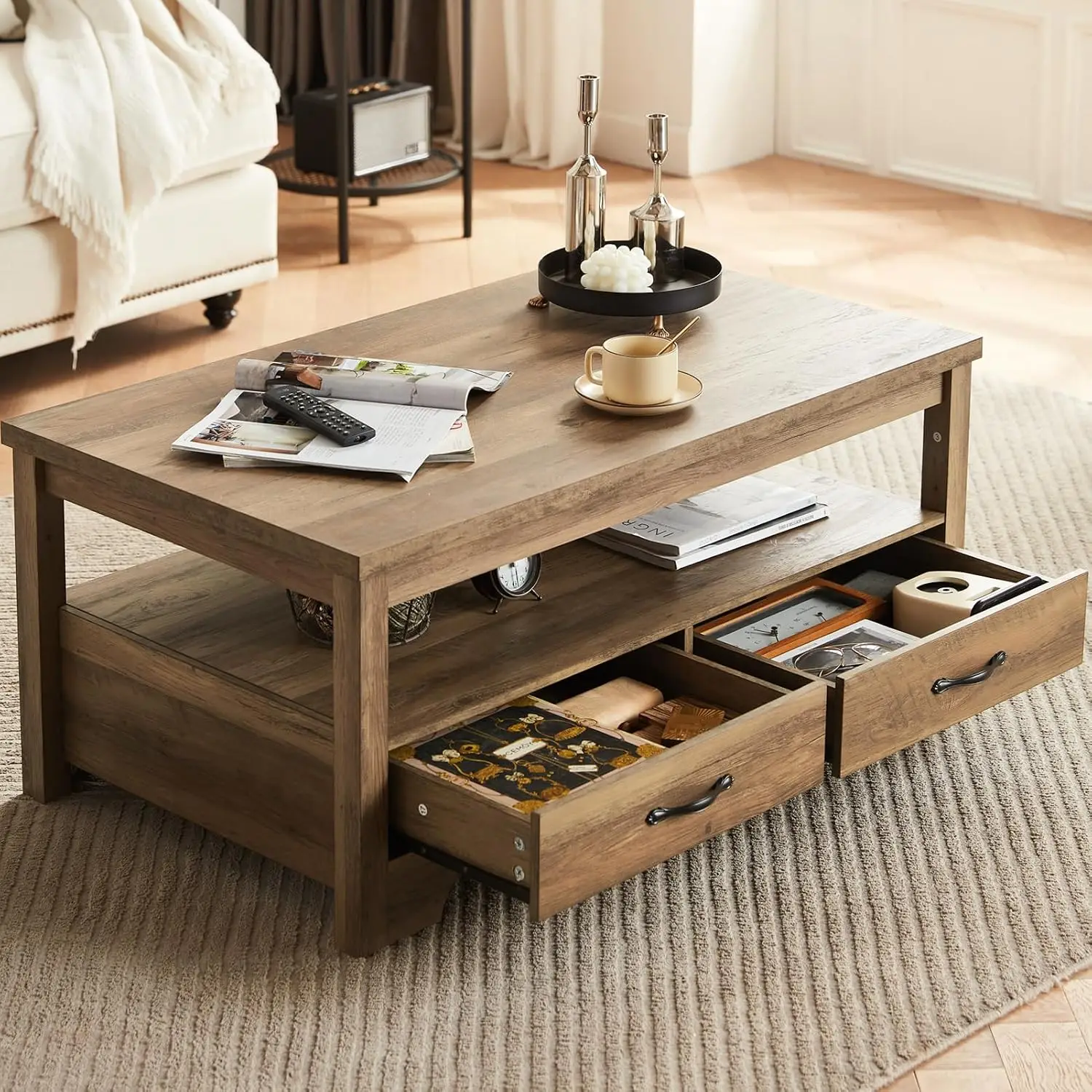 Farmhouse Rectangle Coffee Table with Drawers & Storage, Rustic Wooden Center Table for Living Room Apartment Office, Customized