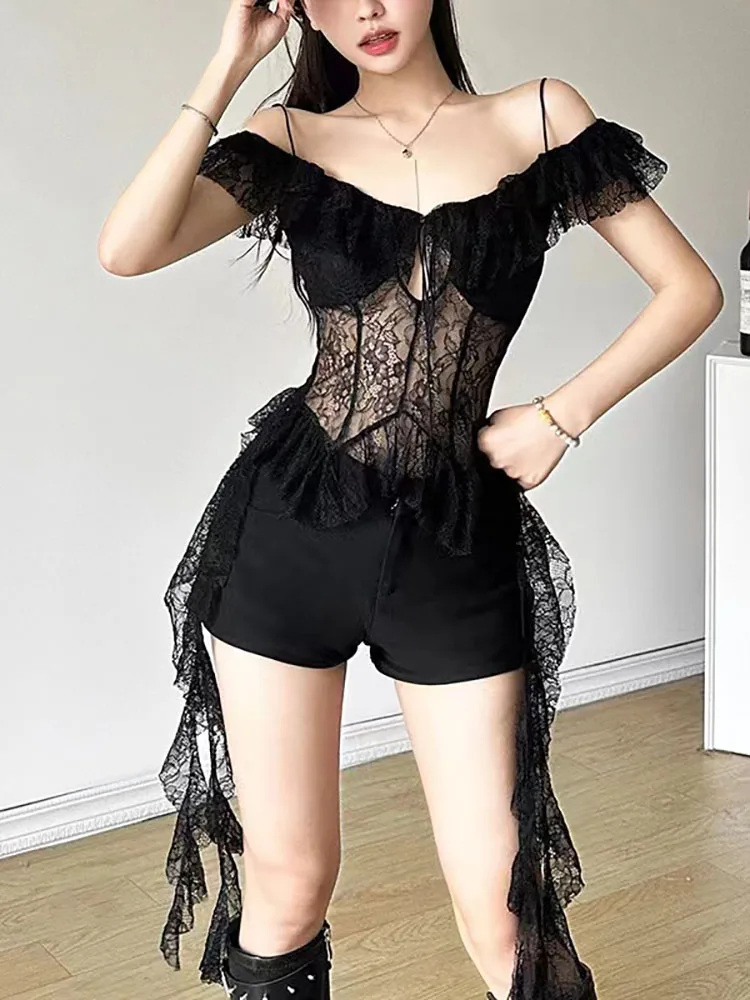 Sexy Lace Patchwork Ruffles See Through T Shirt, Slim Bandage Top, Irregular Aesthetic Shirts, Y2k Streetwear Hollow Out Top