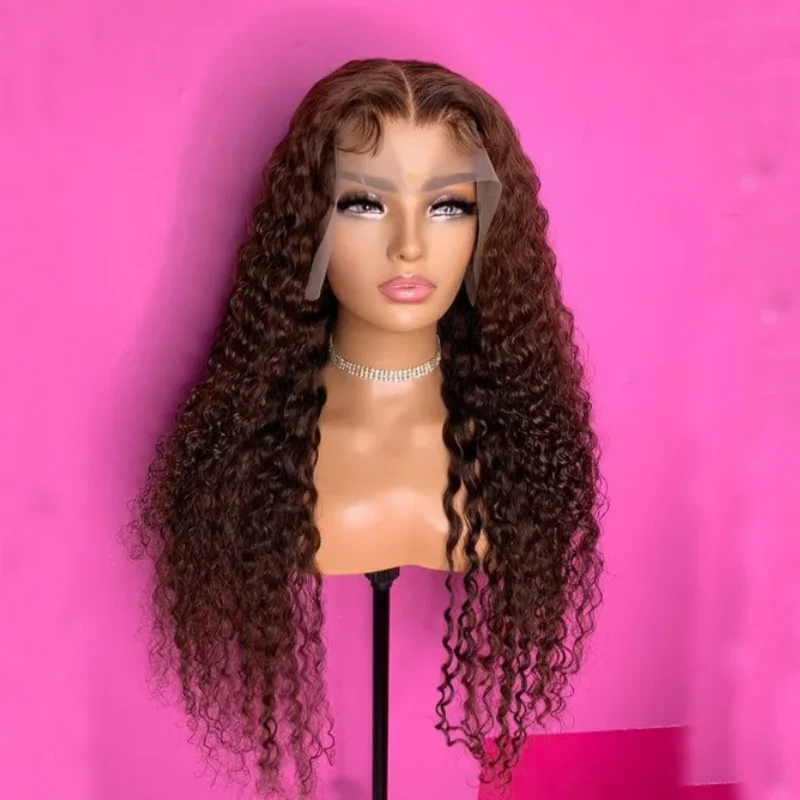 26“Long Soft Brown Preplucked Soft Kinky Curly 180Density Lace Front Wig Synthetic For Women Heat Resistant Glueless Daily