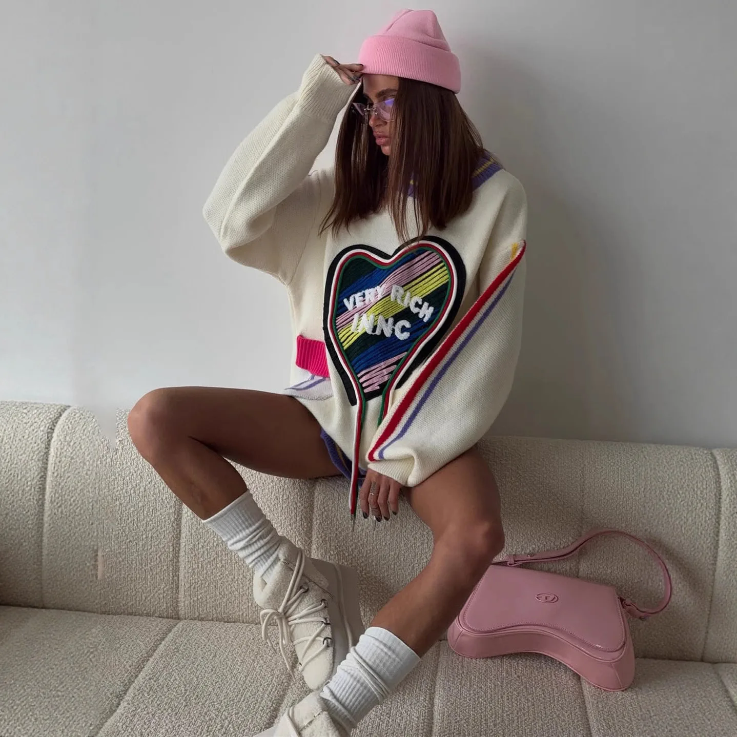 

Women's Sweet & Edgy Colorful Heart Fringe Sweater Oversized Contrast Knit Top with Letter Embroidery Trendy Loose Knit Sweater