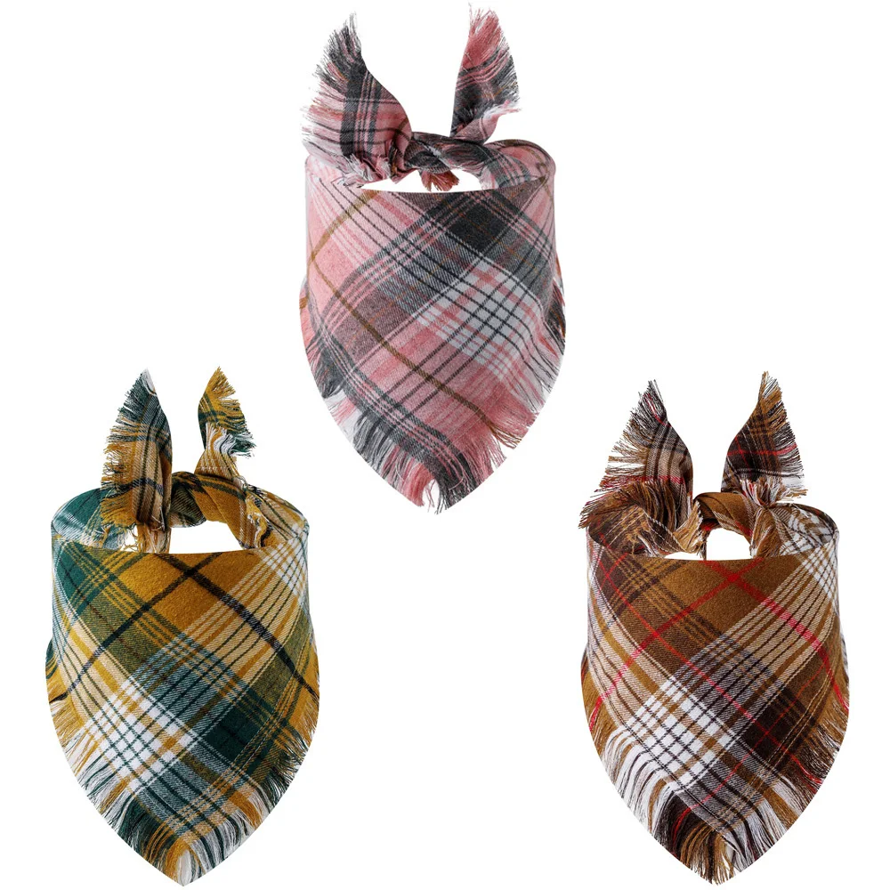 Dog Christmas Tassel Bandana Classic Buffalo Plaid Pet Scarf Triangle Bibs Kerchief for Small Medium Large Dogs Pets Bandanas