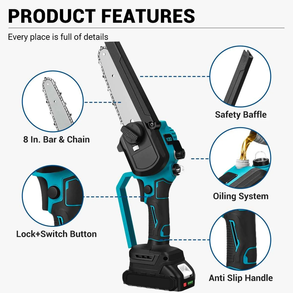 8inch Brushless Electric Chainsaw 5M/S Cordless Chain Saw with Oil Pot Woodworking Tree Branches Cutting for Makita 18V Battery